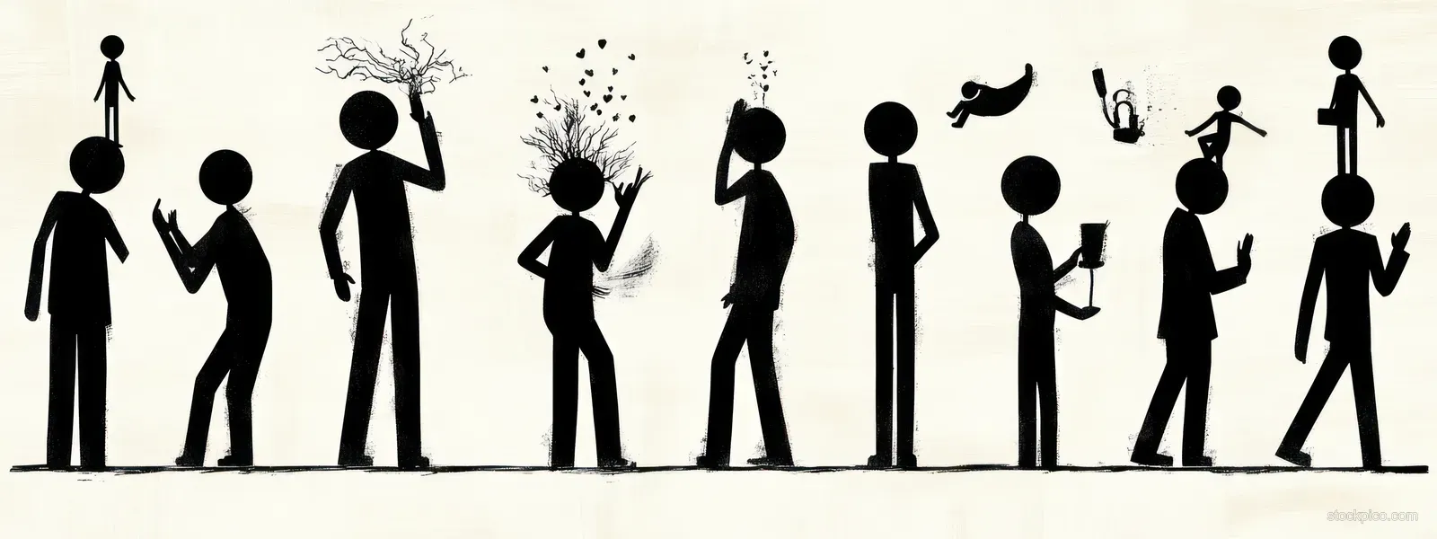 A row of black stick figures on a pale background with small thought figures and abstract shapes coming from their heads.