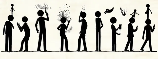 A row of black stick figures on a pale background with small thought figures and abstract shapes coming from their heads.