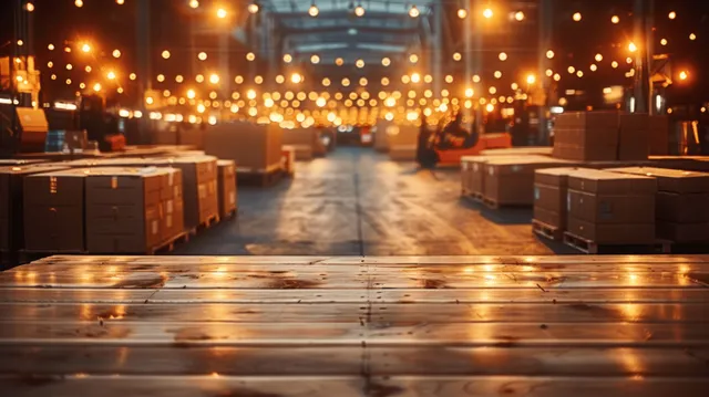 Warehouse aisle with pallets of cardboard boxes and a forklift moving goods under warm overhead lights.