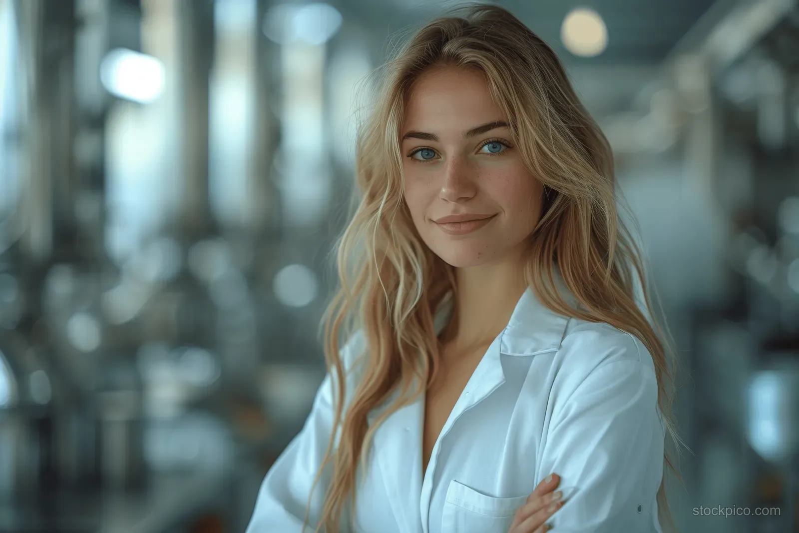 Smiling female doctor in a white lab coat standing in a softly blurred clinic corridor.