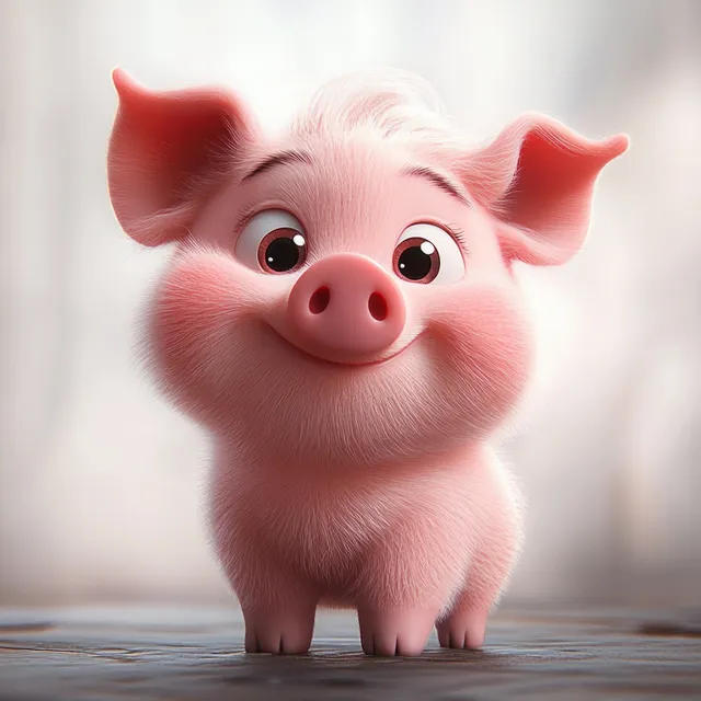 Cute fluffy pink piglet smiling on a smooth surface with soft blurred background