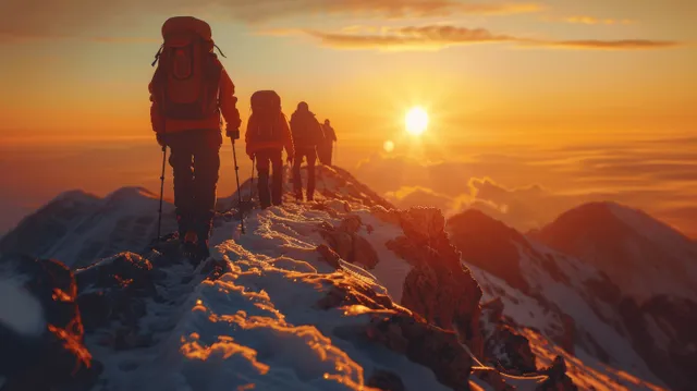 Hikers help each other climb a snowy ridge toward a glowing sunset peak