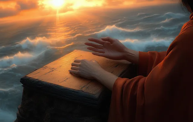 Person in orange robe resting hands on wooden cliff edge, ocean waves at golden sunset