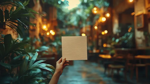 Hand holding blank restaurant menu paper in cozy cafe walkway with warm bokeh lights