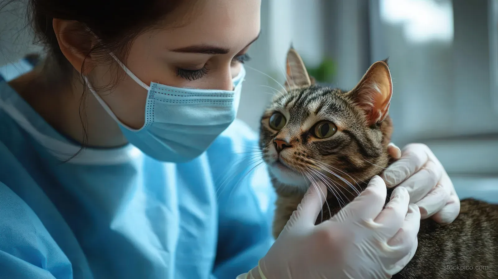 A masked veterinarian in white gloves gently holds and examines a calm tabby cat inside a clinic.