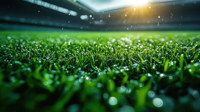 Dewy green stadium grass close-up with morning sun bokeh and sparkling blades
