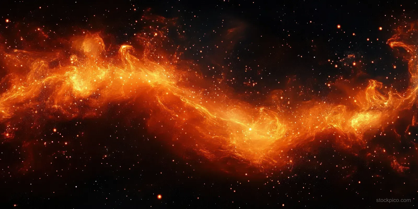 Orange red nebula swirls across a dark space background with glowing particles.