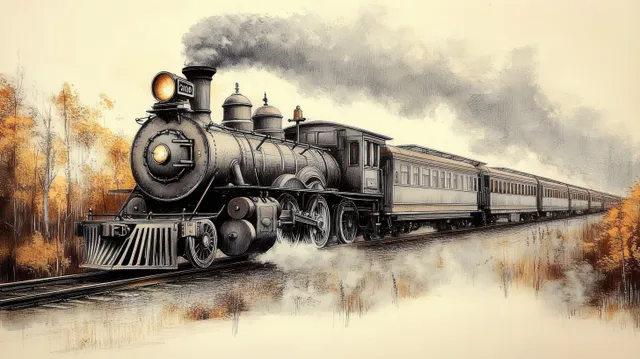 Vintage steam locomotive pulls carriages through an autumn forest with smoke billowing and rails reflected in water.