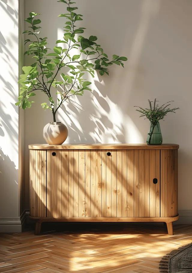 Sunlit minimalist wooden sideboard with two potted green plants and leaf shadows on a white wall.