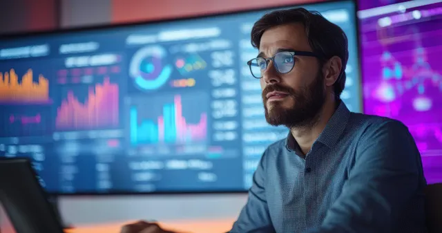 Indian computer scientist presenting data analytics on digital screens to diverse team in office