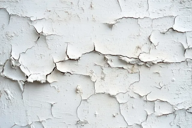 Close-up of cracked, peeling white paint on a weathered wall revealing rough plaster beneath.