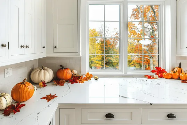 White kitchen counter decorated with pumpkins and autumn leaves beside bright window light