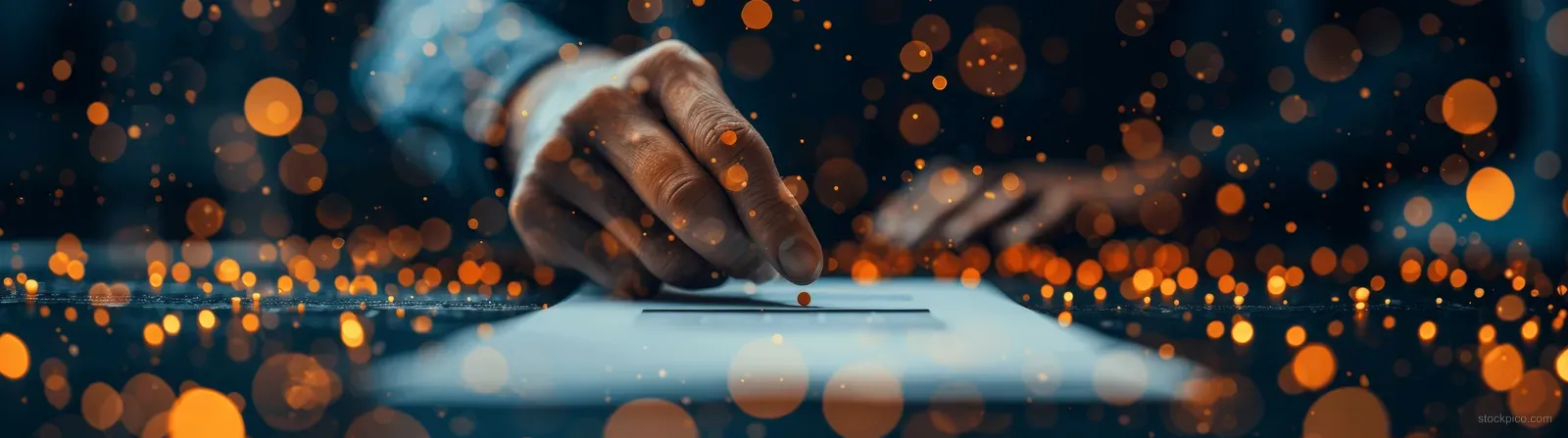 A hand submits an electronic ballot on a touchscreen as glowing blockchain nodes surround it.