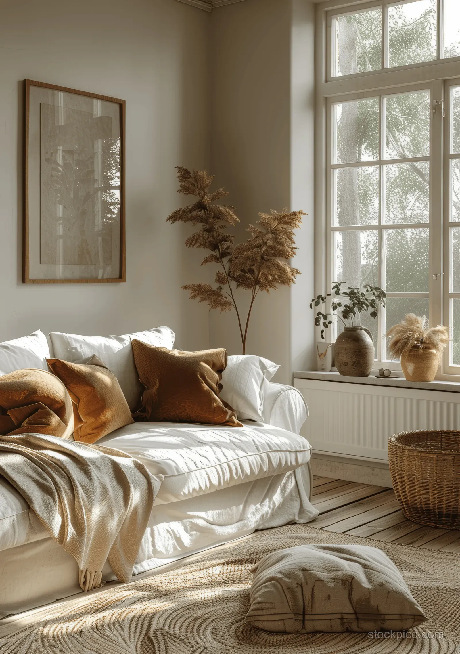 Sunlit coastal living room with a white sofa, linen bedding, framed wall art, and wooden parquet flooring.