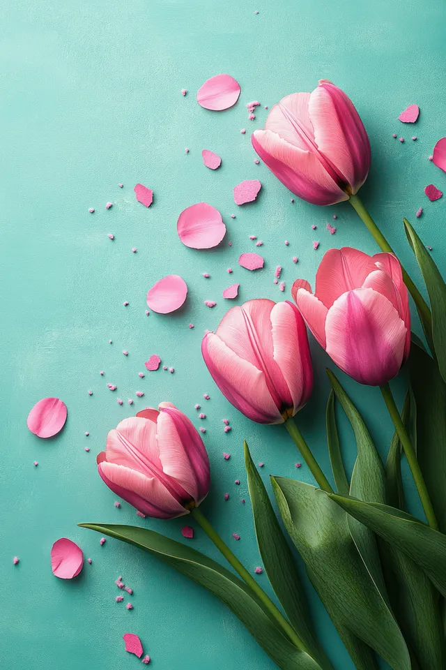 Four pink tulips with green leaves rest on a teal textured surface surrounded by scattered pink petals.