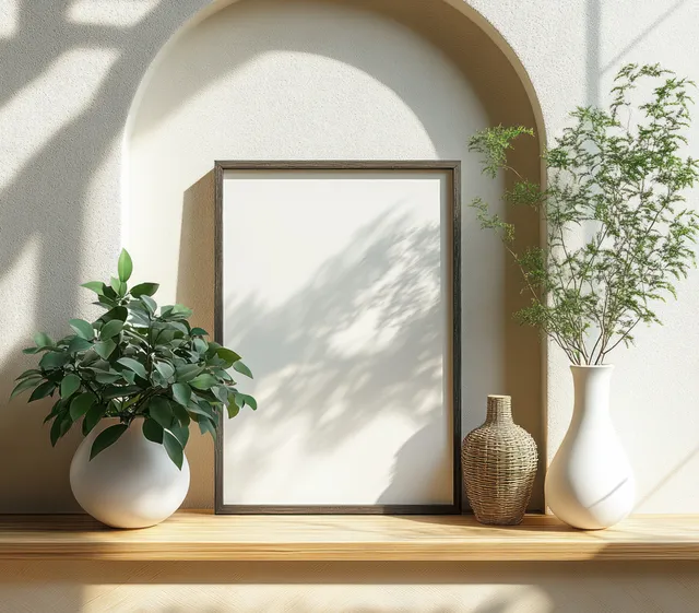 Empty framed artwork hangs on a wooden shelf in a bright Scandinavian room with green plants and soft shadows.