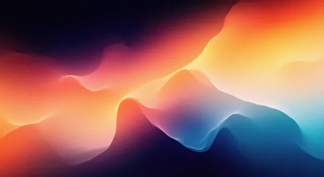Glowing orange blue teal gradient over layered mountain silhouettes with soft atmospheric haze