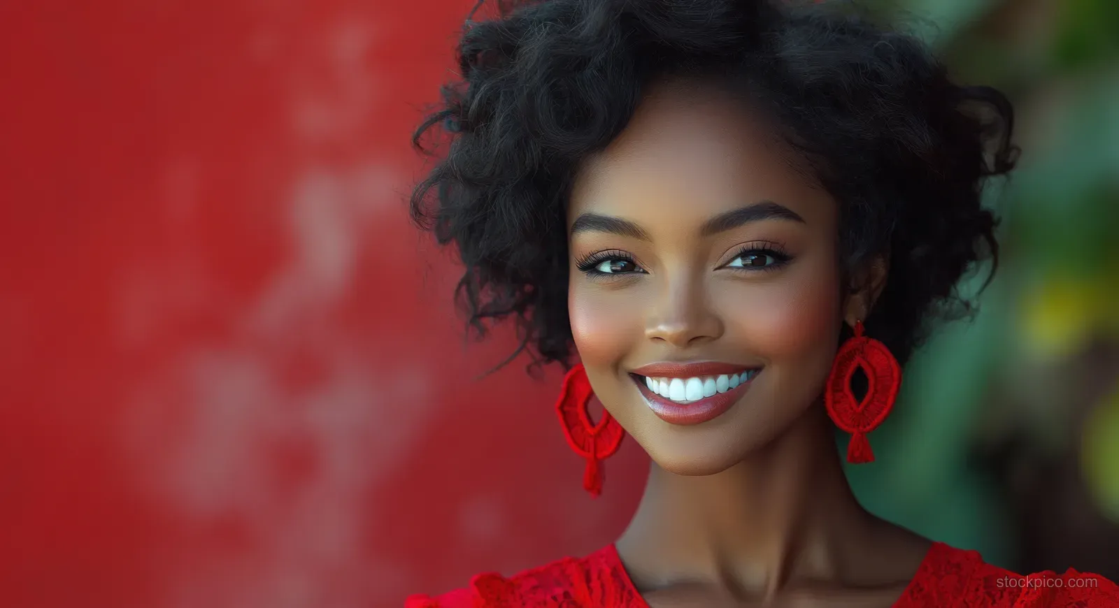 A woman in a red outfit smiles for the camera with holiday decorations blurred behind her.