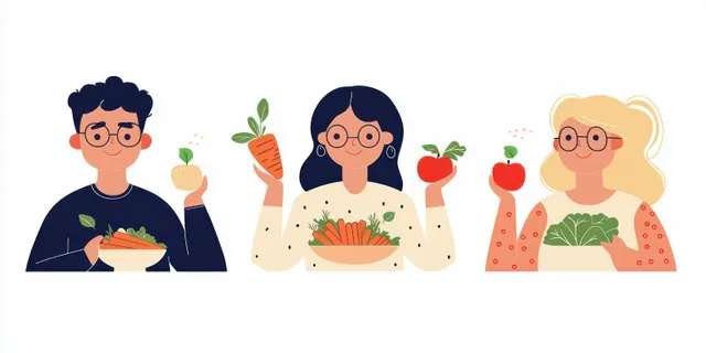 Three diverse people smile while holding fresh carrots, apples, and leafy greens in a bright illustration.