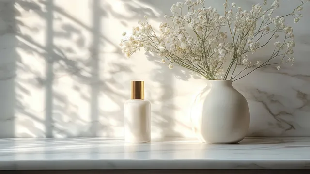 White vase of dried flowers and a lotion bottle on a sunlit marble ledge with leaf shadows.