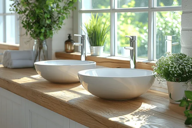 Two white vessel sinks sit on a wooden bathroom countertop under bright window sunlight with chrome faucets.