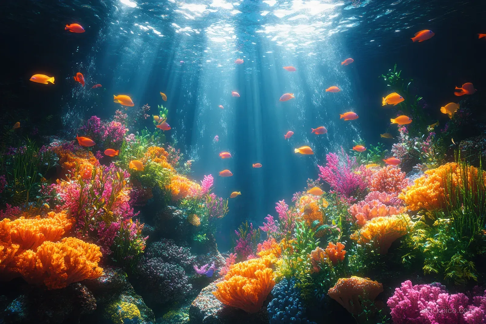A school of colorful fish swims above a vibrant coral reef in the Andaman Sea, showcasing rich marine biodiversity.