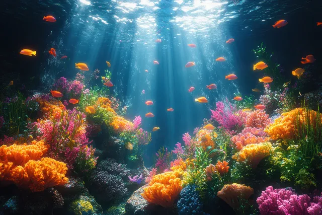 A school of colorful fish swims above a vibrant coral reef in the Andaman Sea, showcasing rich marine biodiversity.