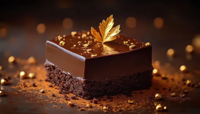 Glossy brownie topped with gold leaf and tiny edible gold beads on a dark background.