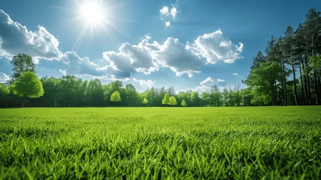 Green grass meadow in spring under a blue sky with sun rays and distant trees
