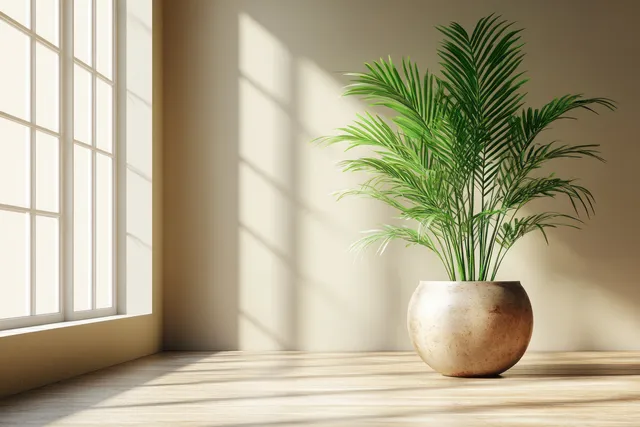 Minimal living room corner with green palm in ceramic pot and soft window daylight