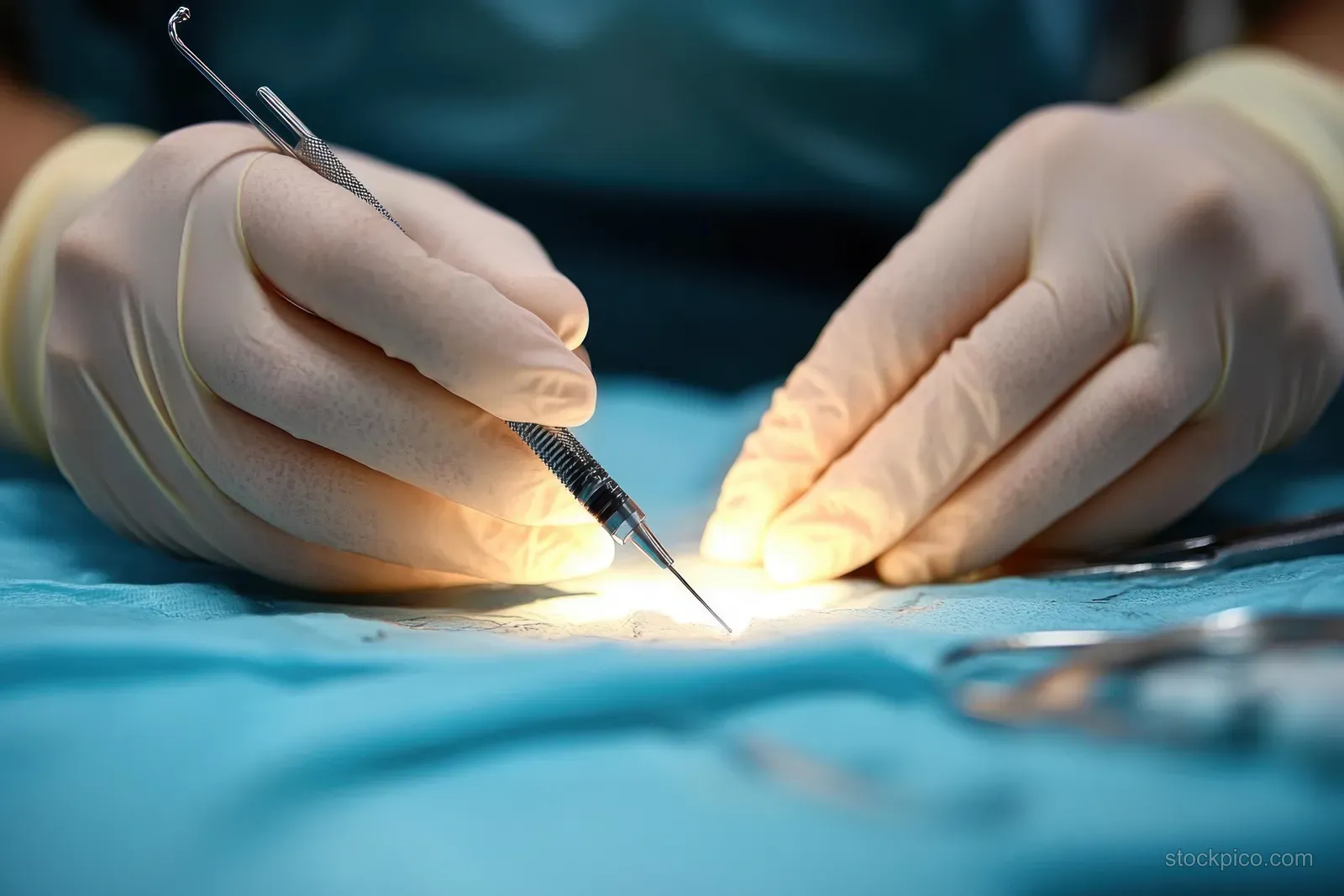Gloved hands perform electrocautery on a skin lesion over a patient’s belly on a blue sterile drape.