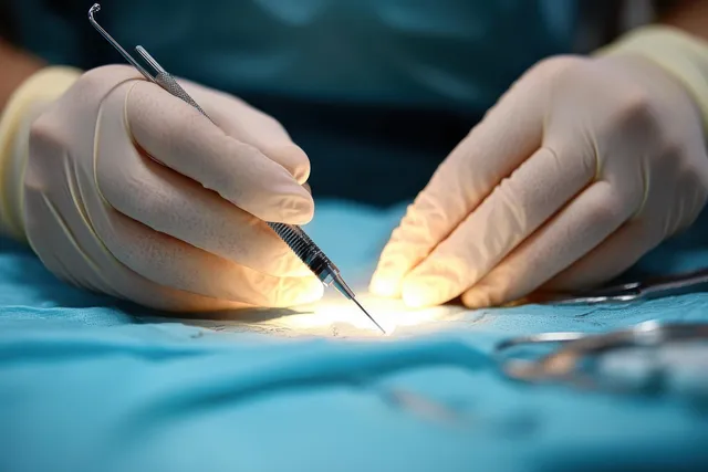 Gloved hands perform electrocautery on a skin lesion over a patient’s belly on a blue sterile drape.