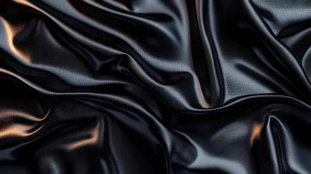 Close-up of black satin fabric with smooth draped folds and glossy highlights reflecting light.