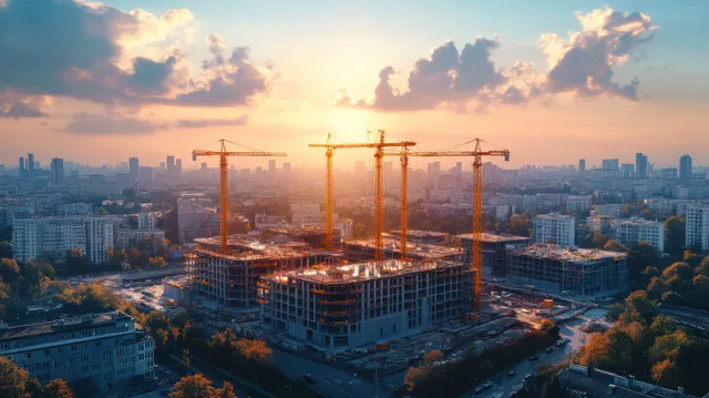 Urban construction site with cranes at sunset above city skyline