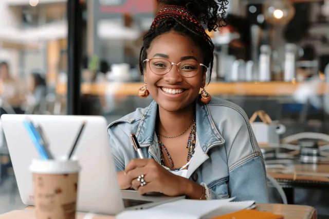 Cheerful Black woman studying at a cafe table, typing on a laptop and writing notes with a pen.