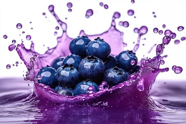High-speed blueberry splash forming a purple crown over clear juice on white backdrop