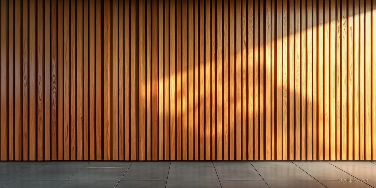 Minimal interior shows a vertical wooden slat wall and gray tile floor with warm sunlight casting geometric shadows.