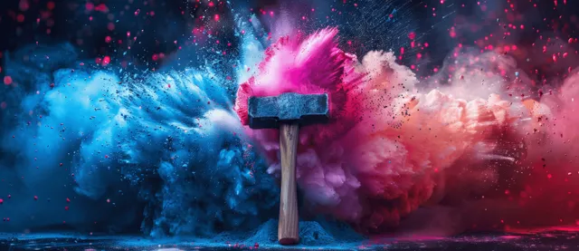 A hammer hits a surface and releases colorful powder clouds in an abstract explosion background.