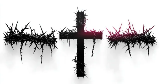 Black cross with barbed branches in white fog, sharp thorn silhouettes centered