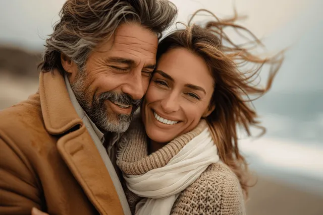 A middle aged couple smiles while embracing on a windy autumn beach with scarves and jackets.