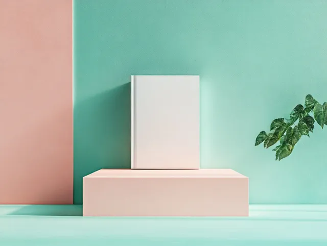 Blank white book displayed on pink pedestal with teal and peach backdrop, green leaves.