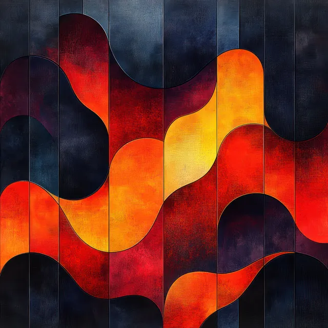 Retro geometric wave pattern with bold red and orange shapes over dark navy tiles