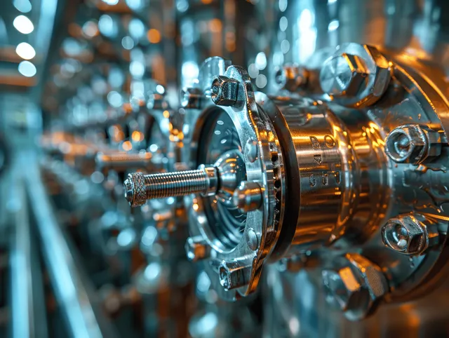 Macro closeup of a brushed metal medical instrument connector with bolts and flange, blurred sterile lab background.