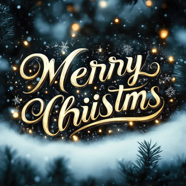 Gold glowing “Merry Christmas” calligraphy sits over snowy background with soft fairy light bokeh.