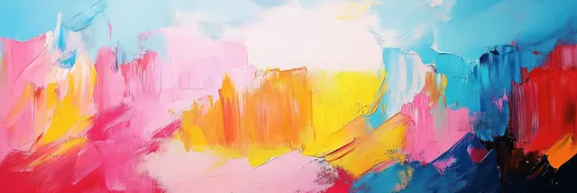 Colorful abstract painting with textured brush strokes and overlapping pink, blue, yellow, and red shapes on canvas.