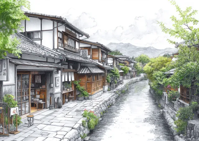 Illustrated village street with traditional wooden houses beside a flowing stream and distant misty mountains.