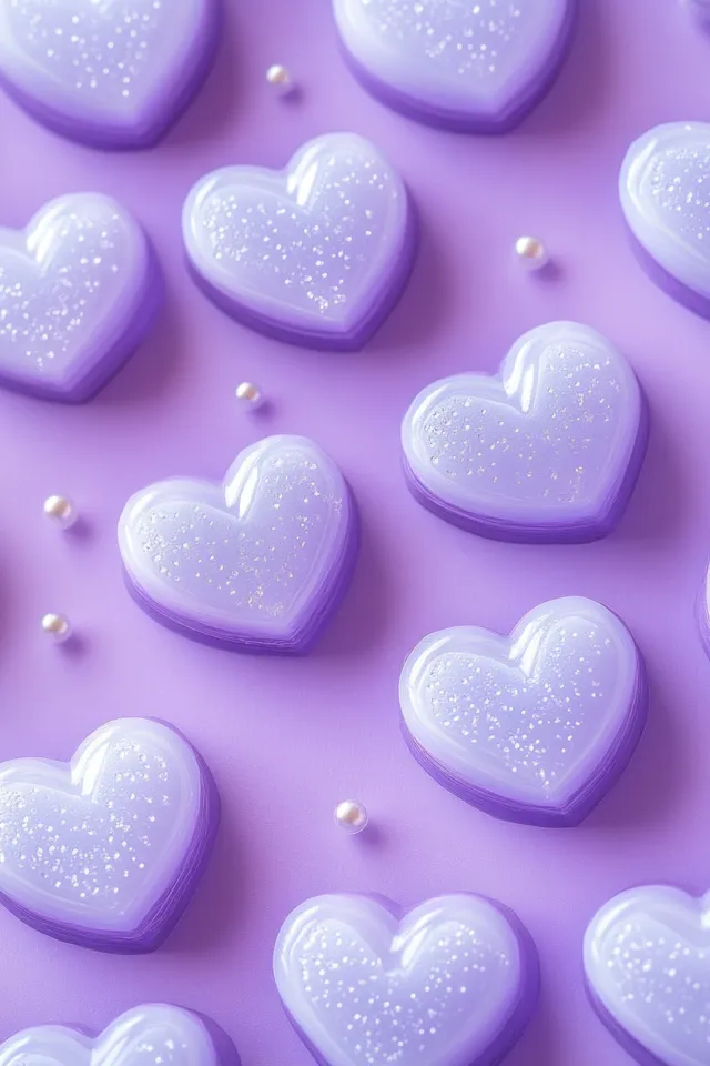 Heart-shaped lavender candies with glittery sparkles are scattered on a soft purple Valentine pattern background.