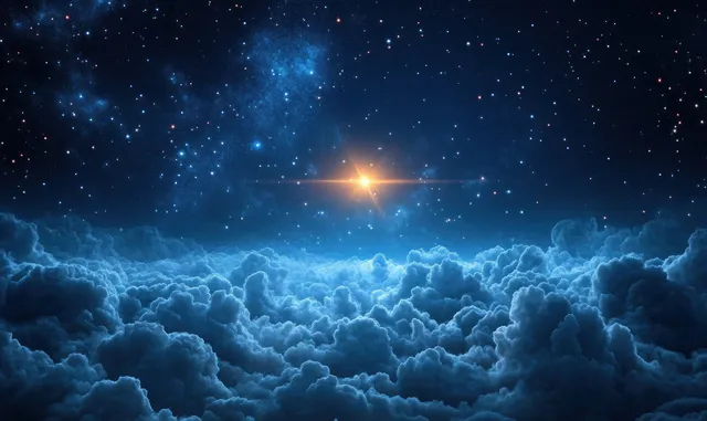 A glowing star above a dark manger silhouette with blue cloud layers and a nebula night sky.