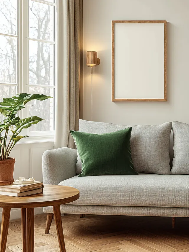Gray sofa with a green pillow beside a wooden table and potted plant.