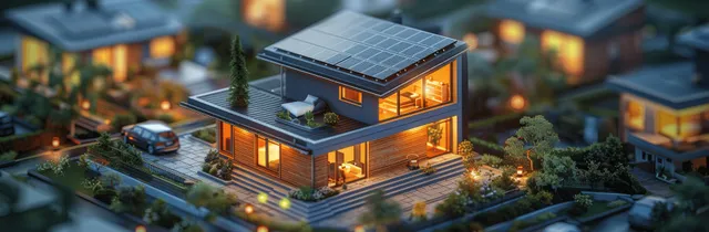 Isometric modern house in an evening city street with lit solar panels and rooftop battery packs.